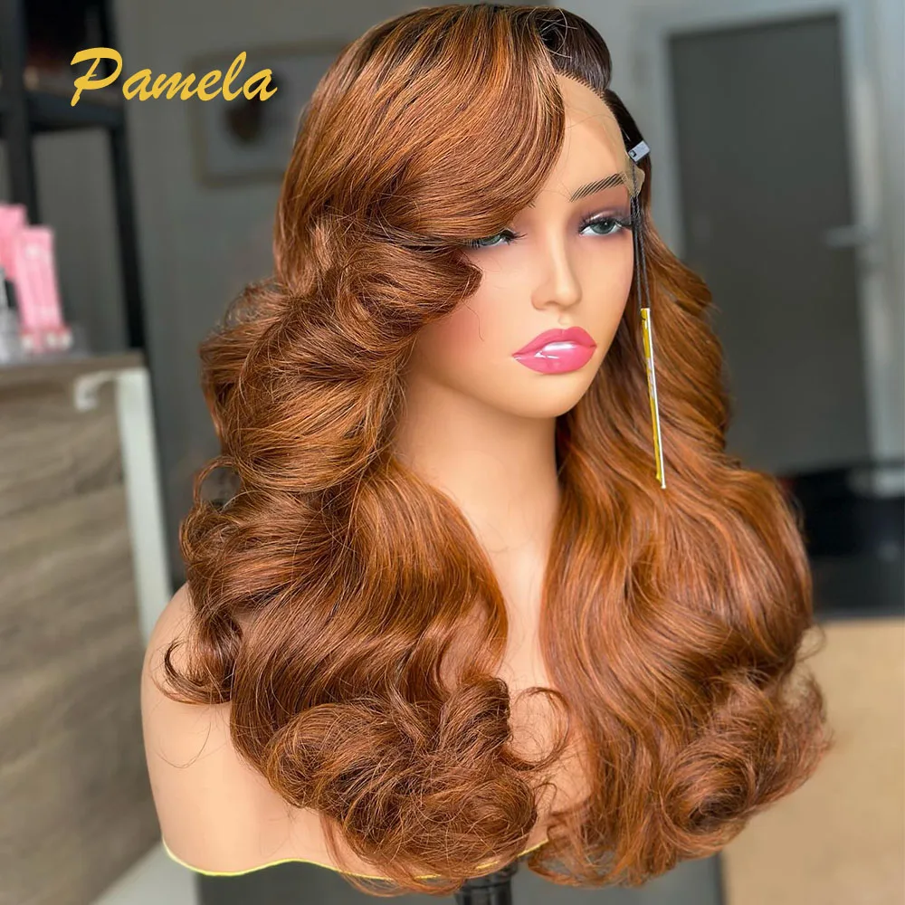 Highlight 350 Density Body Wave Honey Blonde Chocolate Color 13x4 Transparent Lace Front Gluless Wig Human Hair Ready To Wear