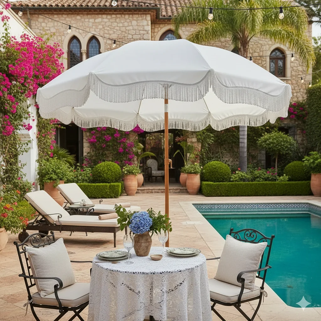 White Tassel Umbrella with Steering Function Portable Outdoor Courtyard Beach Holiday Use Sunshade Umbrella
