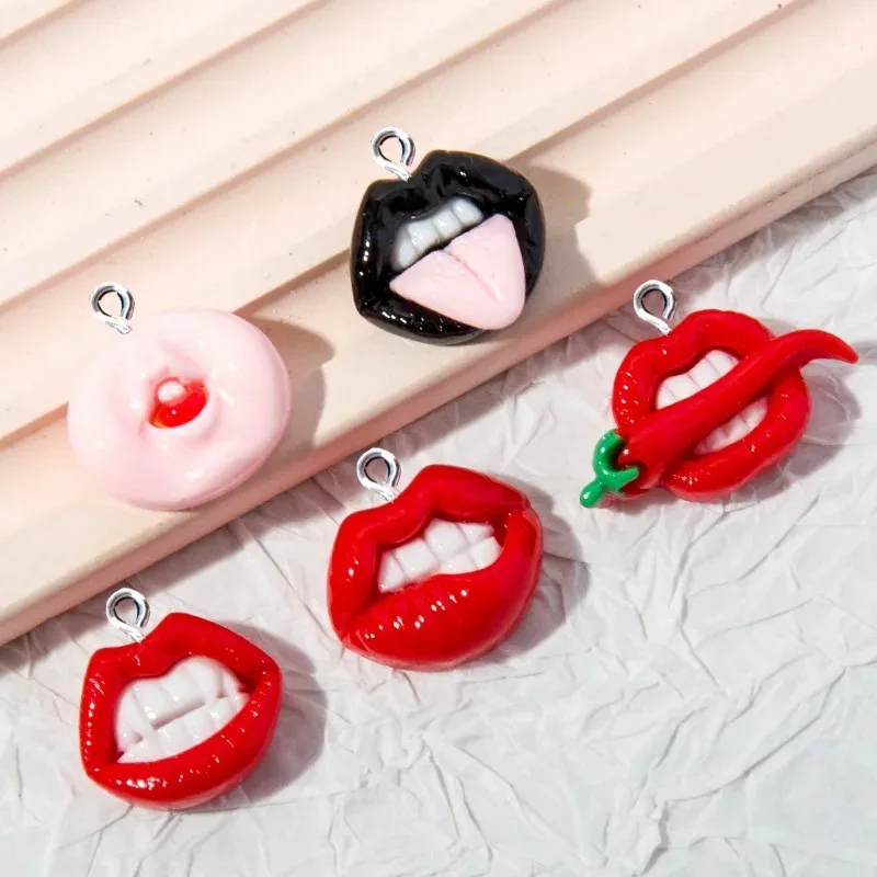 10Pcs/lot Kawaii Red Lips Flat Resin Charms Pendants for Jewelry Making Accessories DIY Earrings Necklace Keychain Decoration