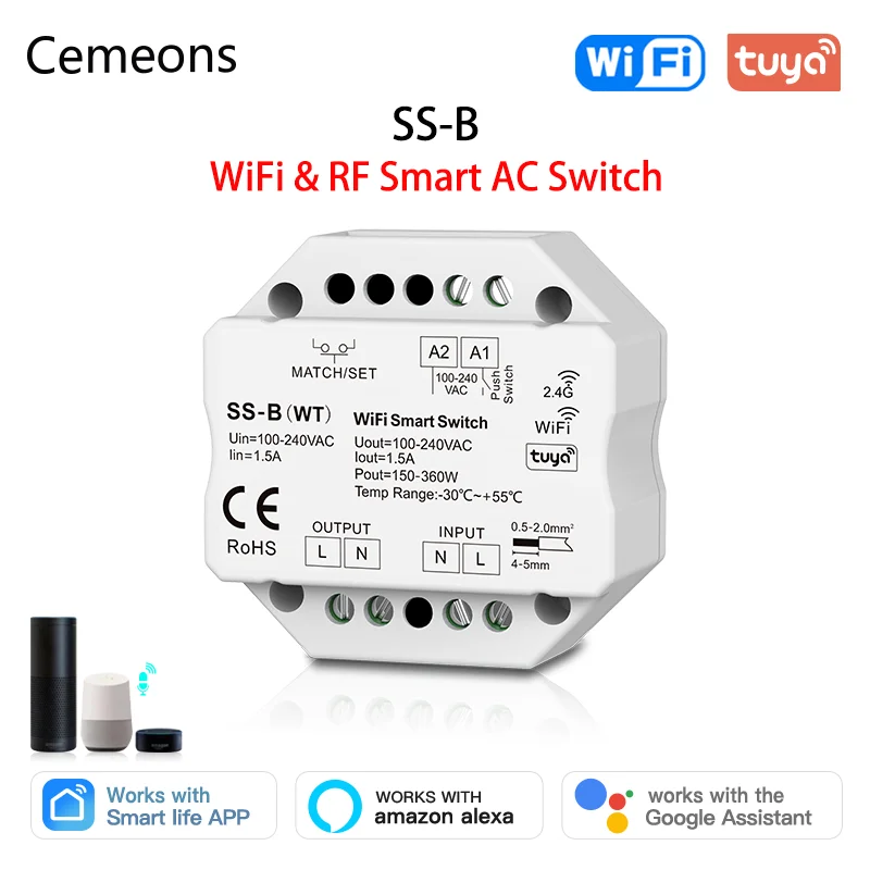 SS-B(WT) WiFi RF 2.4G Dimming AC100-240V TUYA Voice Control AC Switch Push onoff Wall Junction Box Mounting Smart Switch