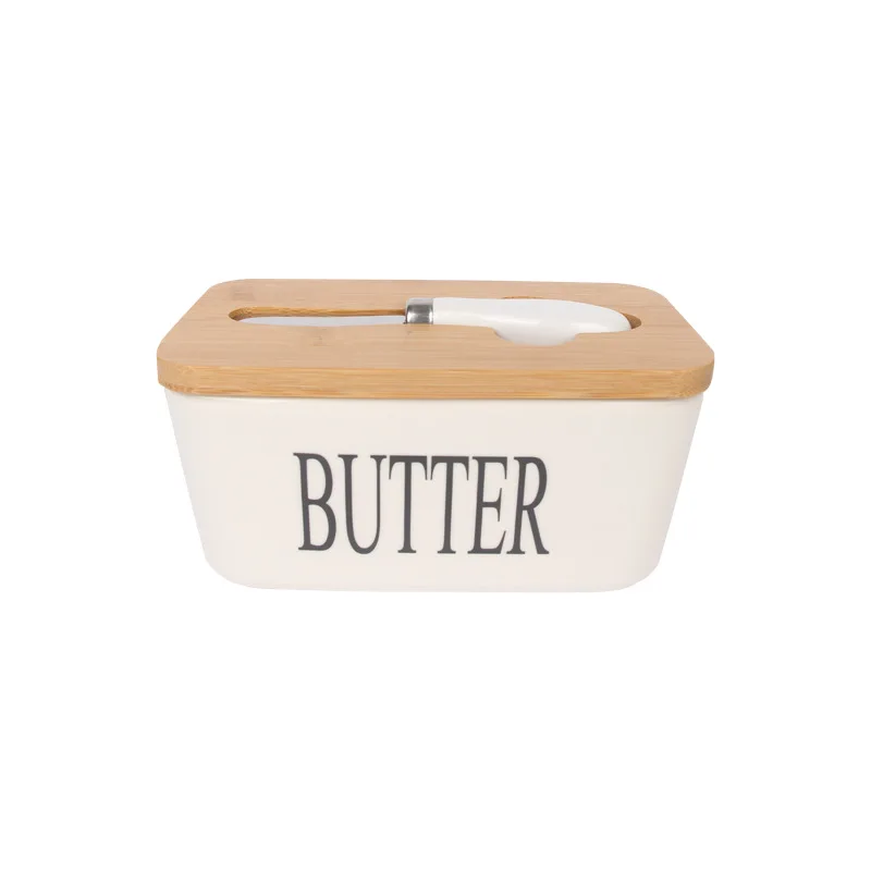 

Wooden Cover Ceramic Butter Box with Spatula Knife Sealed Fresh Butter Box Multicolor Rectangular Sealed Kitchen Storage Box
