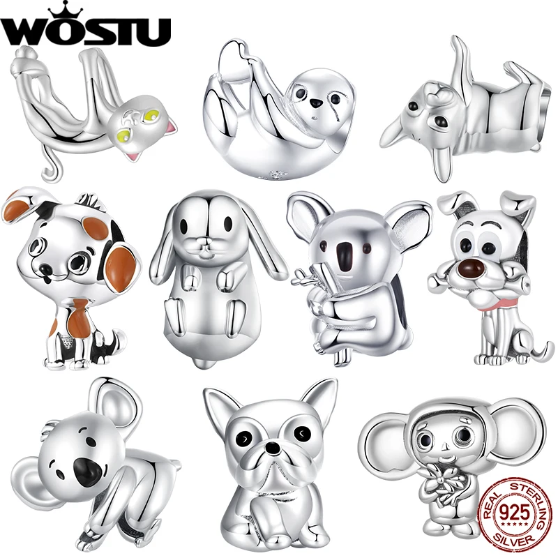 WOSTU 925 Sterling Silver Cute Pet Charms Bulldog Beads Lovely Bradypod Cat Friends Fit Original Bracelet Bangle DIY Jewelry