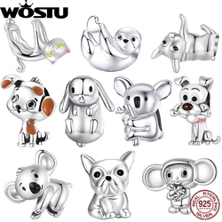 WOSTU 925 Sterling Silver Cute Pet Charms Bulldog Beads Lovely Bradypod Cat Friends Fit Original Bracelet Bangle DIY Jewelry