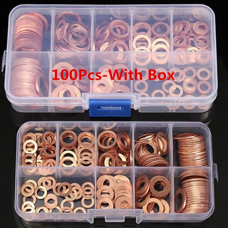 Koperen ring pakking moer en bout set platte ring afdichting assortiment kit met doos //M8/M10/M12/M14 voor carterpluggen