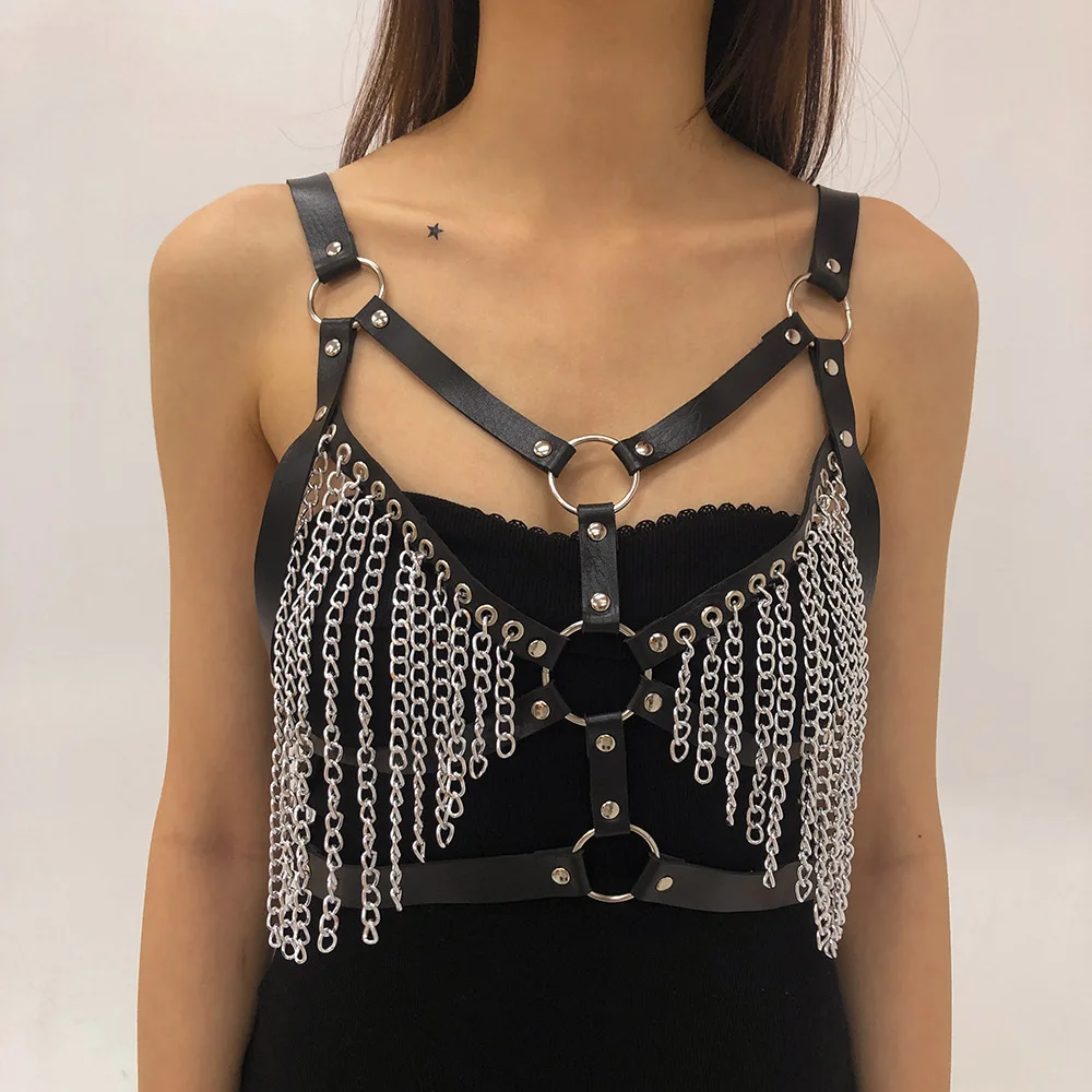 

Wholesale PU Chain Tassel Rock Body Chain Sexy Hot Bondage Drawstring Bra Accessories Female Women Beach Summer Body Jewelry