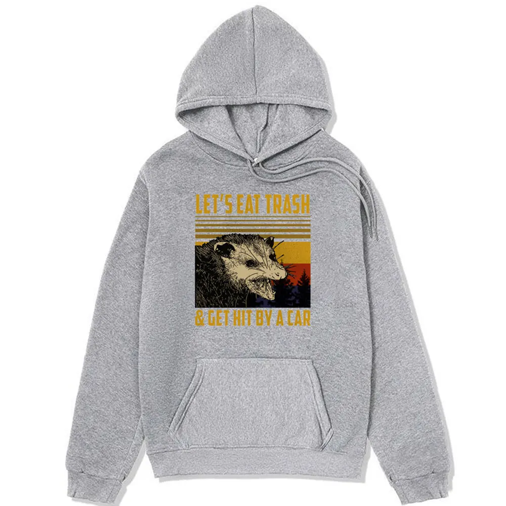 Funny Let's Eat Trash and Get Hit By A Car Vintage Opossum Graphic Hoodie Men Women's Raccoon Cartoon Sweatshirts Fleece Hoodies