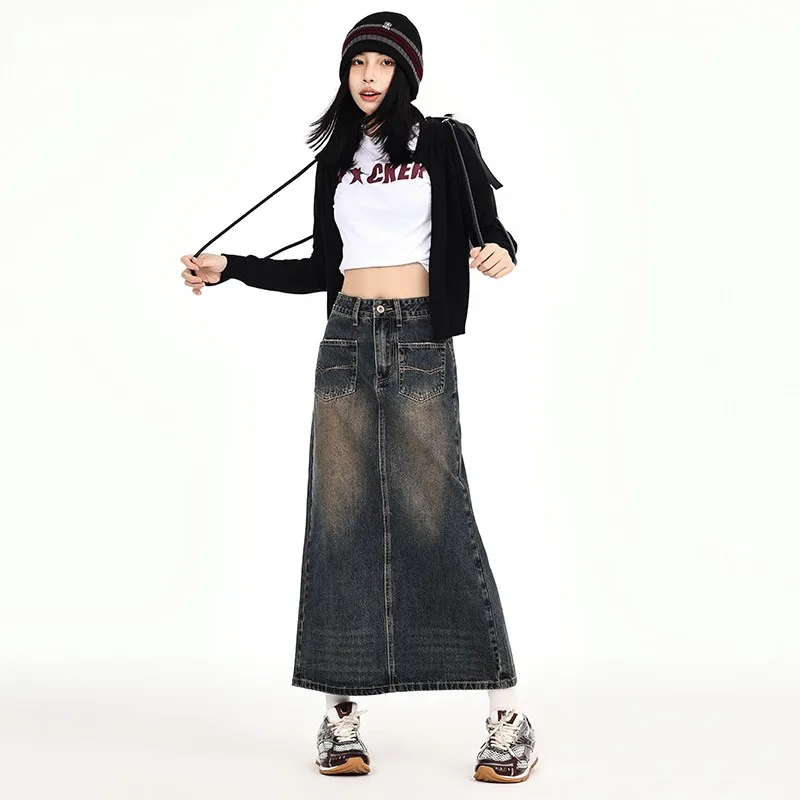 GUUZYUVIZ Vintage High Waist American Split Design Slim A-line Long Denim Skirt Women