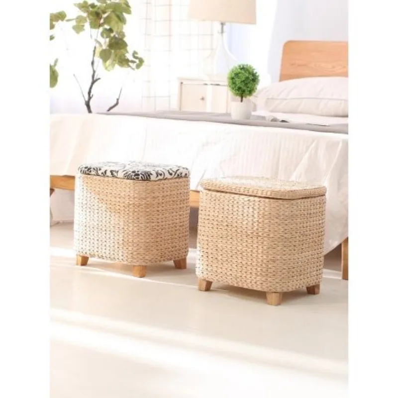 Rattan Storage stool household Multi-functional shoe changing stool small box door imitation grass can sit foot chair furniture
