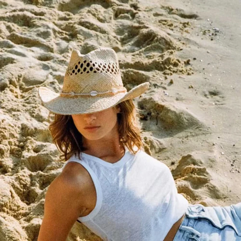 2025 New Handmade Lafite Grass Jazz Hollowed Out Sun Hat Fashion Shell Decoration Women's Sunshade Outdoor West Cowboy Grass Hat