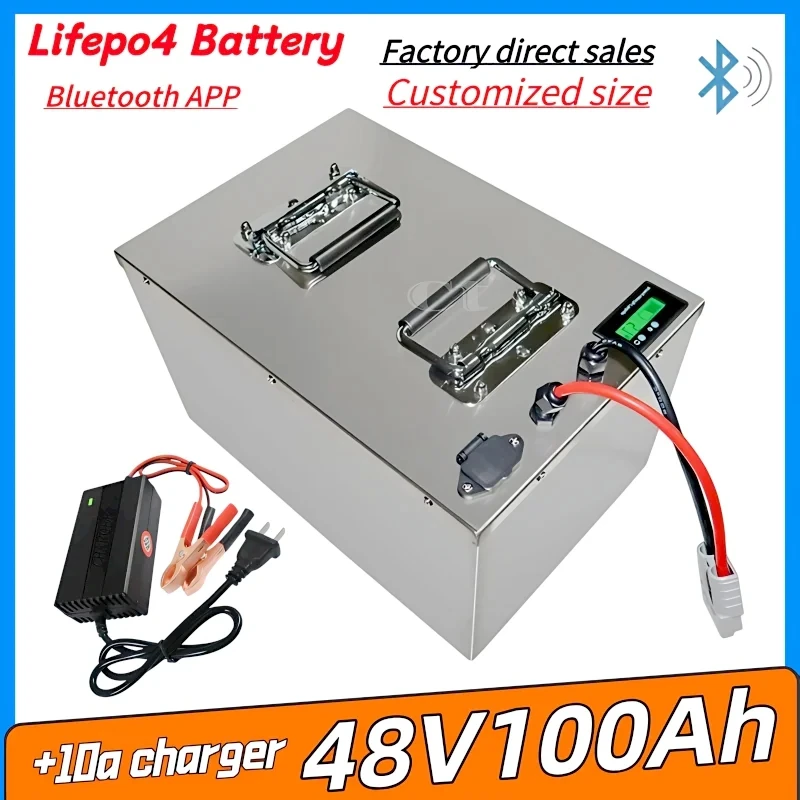 

48 В 100 Ач Lifepo4 литиевая батарея с Bluetooth BMS приложение для трехколесного инвертора аккумулятор солнечной энергии скутер 10A зарядное устройство