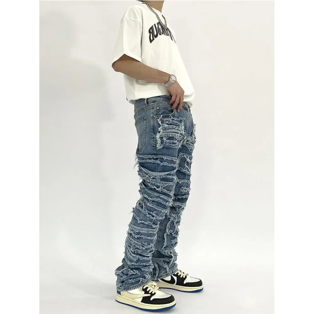 DAILOU European and American Men's High Street Ins Washed New American Jeans, Men's Distressed Slim Fit Straight Leg Pants