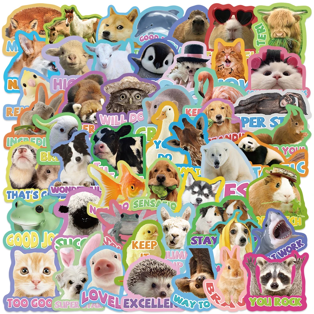 50PCS Animals Encourage Phrase PVC Sticker Aesthetic Color Decoration Scrapbooking Sketchbook Stationery School Rewards Supplies