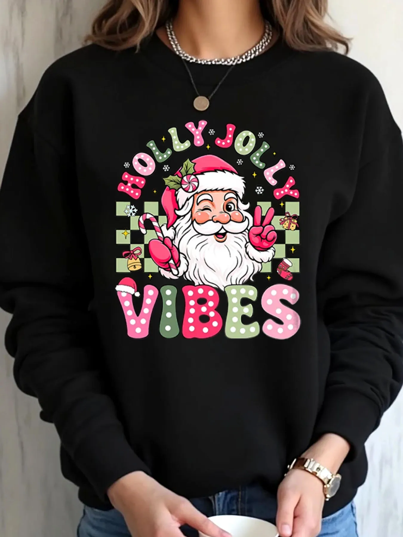 

Женская толстовка большого размера с рождественским Санта-Клаусом Холли Веселые вибрации с принтом Уличная одежда
