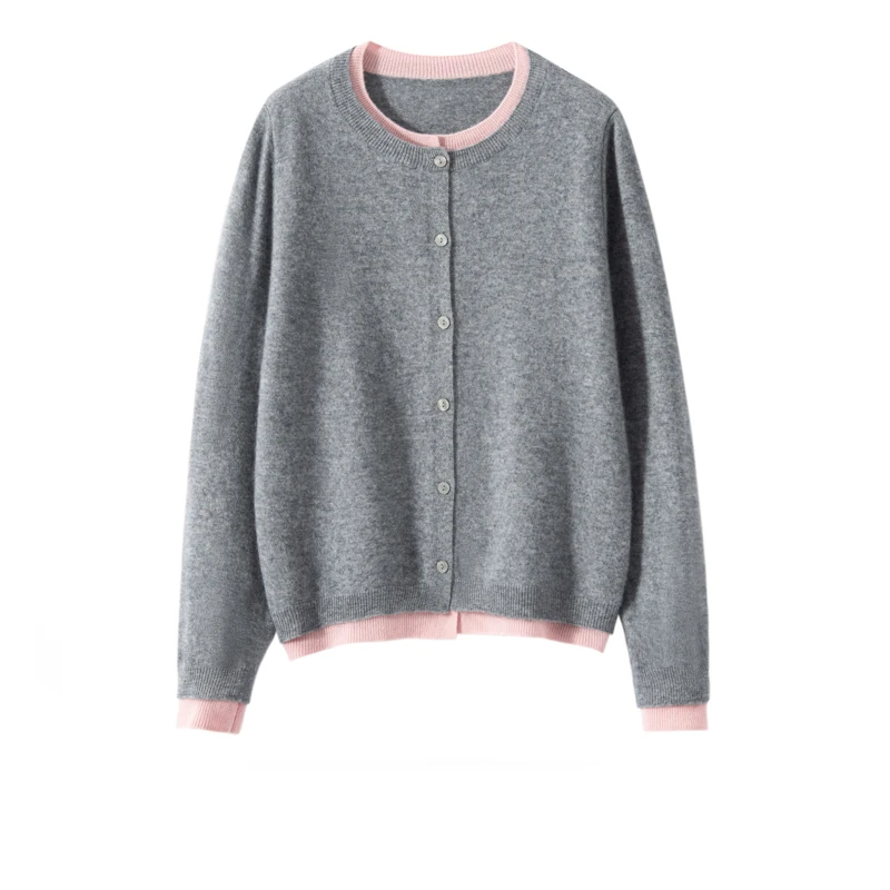 Autumn Winter 100% Premium Cashmere Color‑Blocked O-Neck Fake Two‑Piece Design Cardigan Warm Casual Effortless Simple Sweater