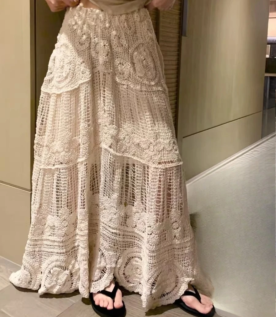2026 Spring Fall Women High Waisted Hollow Out Designer Knitted Beige Crochet Skirt ，woman Casual Long A Line Skirts