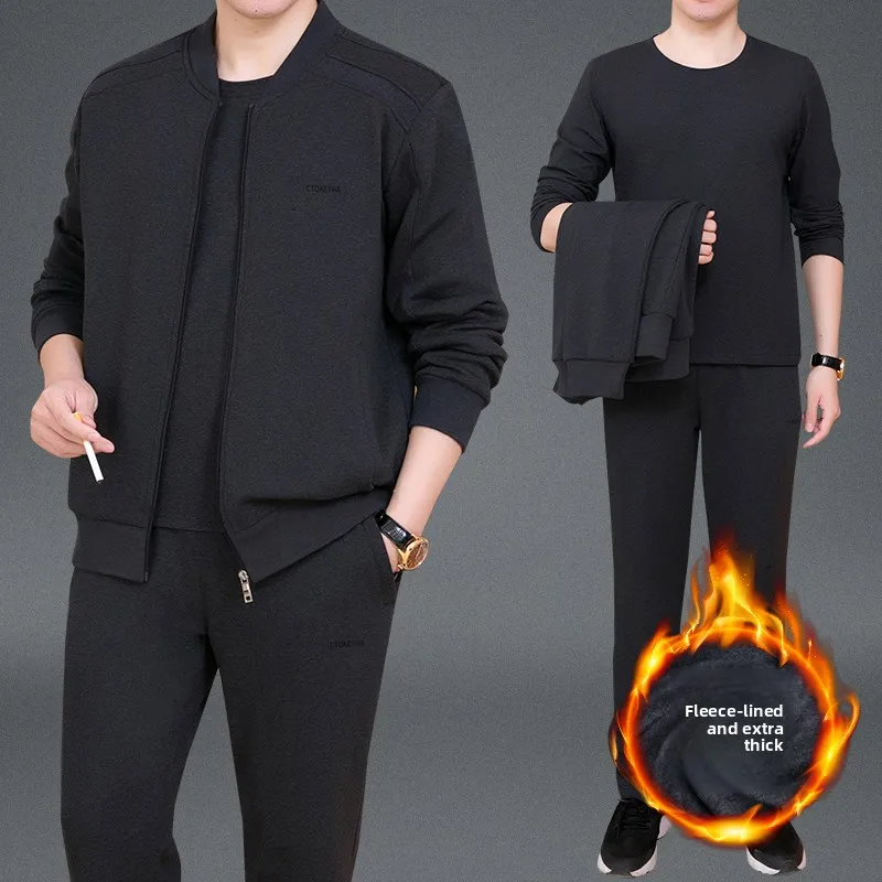 

Мужской утепленный спортивный костюм с флисовой подкладкой из трех предметов для активного отдыха зимой на улице для мужчин среднего и старшего возраста