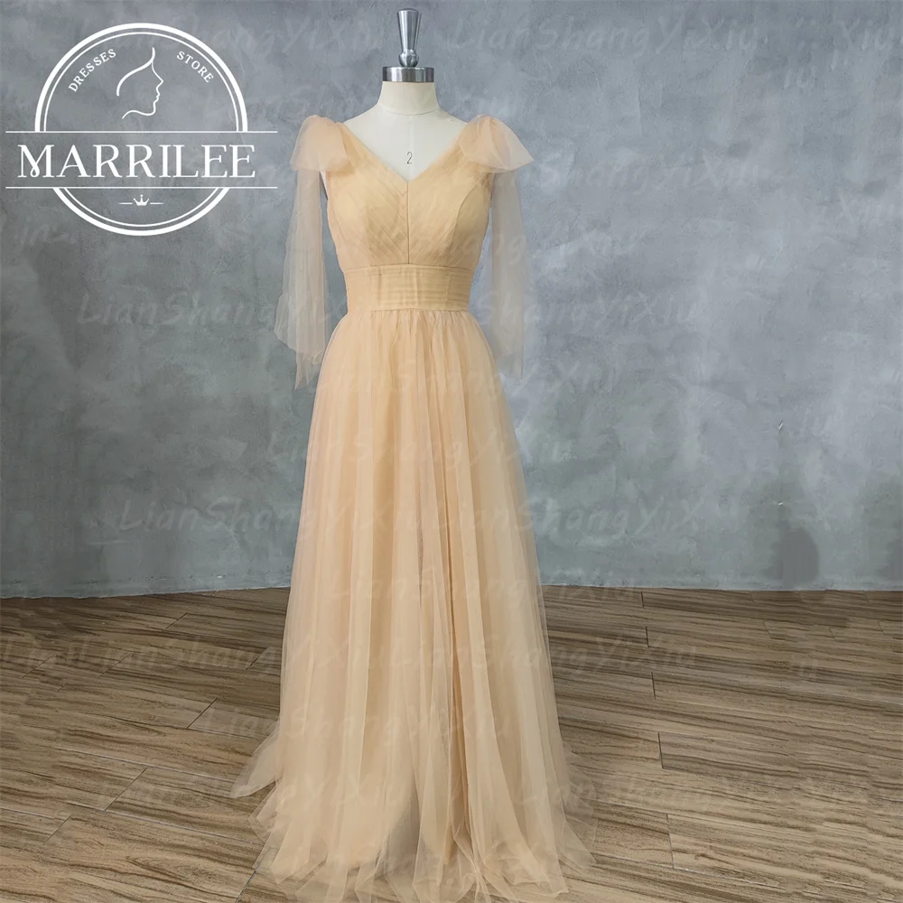 Marrilee Korea Gele Jurk Prom Lint Korte Mouw Pet Fotoshoot Trouwjurk V-Hals Bruid Kamerjas Gepersonaliseerde Sweep