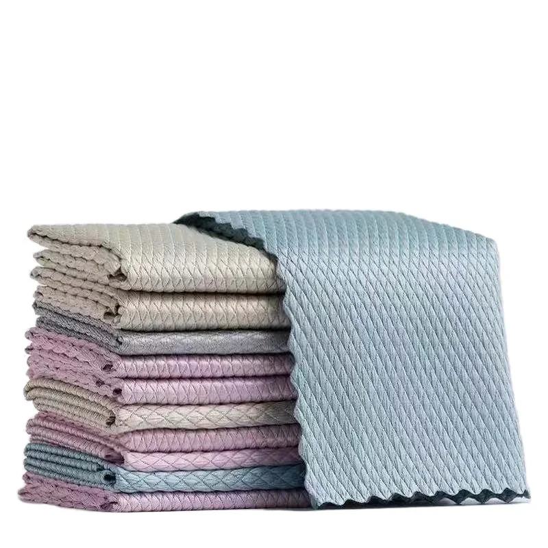 

10 Pieces of Microfiber Dishwashing Cloth Fish Scale Grid Glass Cleaning Cloth Kitchen Water Absorbent Cloth Cleaning