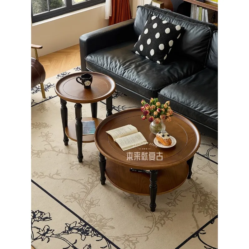 

solid wood coffee table small apartment living room sofa side round low table medium antique light luxury high-end