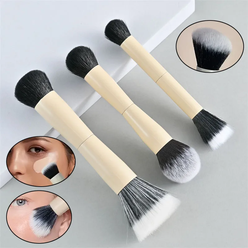 Pincel de maquiagem de cabeça dupla 2 em 1, blush, base, contorno, cabelo macio, multifuncional, aplicador de pó facial e corretivo