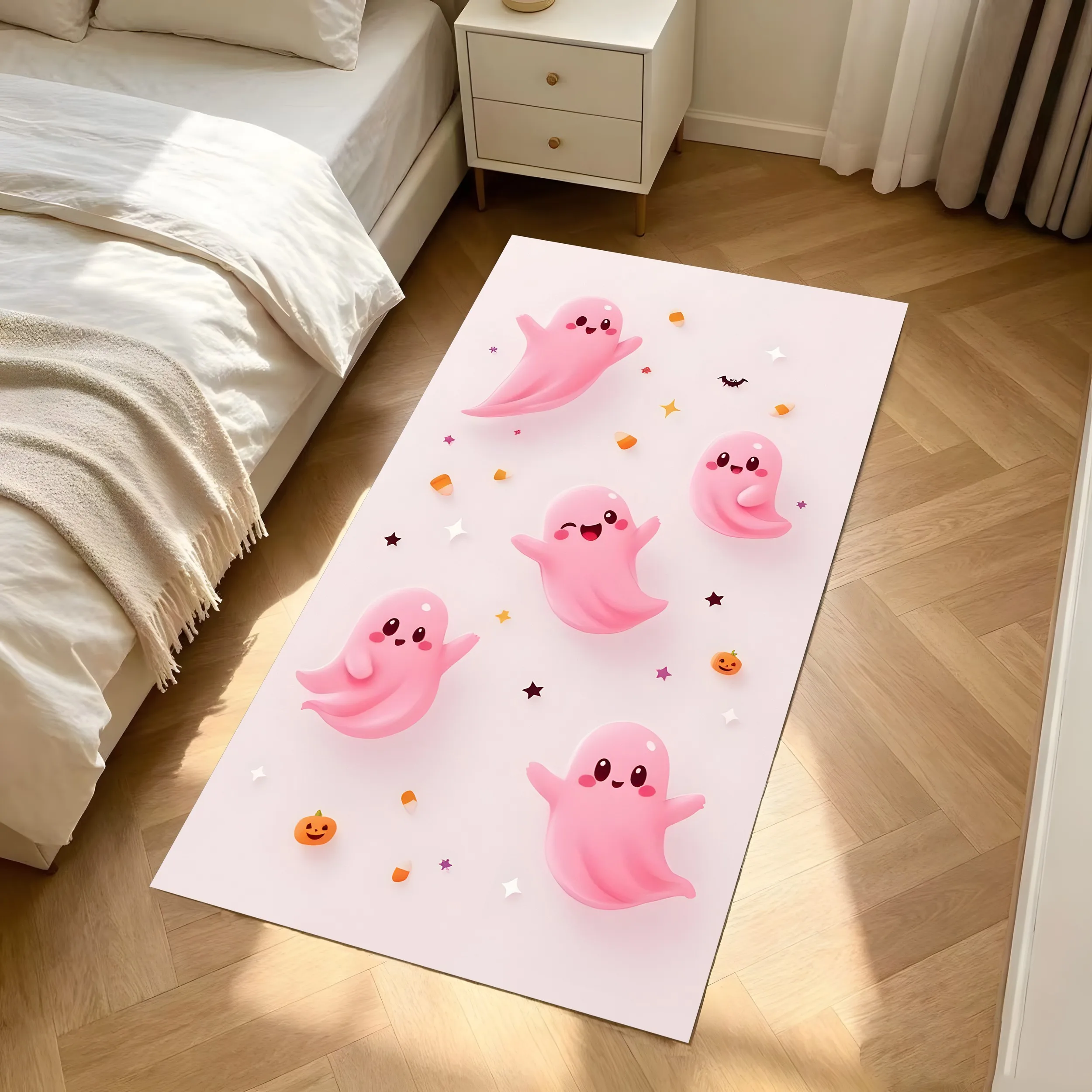 Pink Ghost Pumpkin Star Print Halloween Velvet Rug for Bedroom Bedside Living Room Relaxing Lively Decor