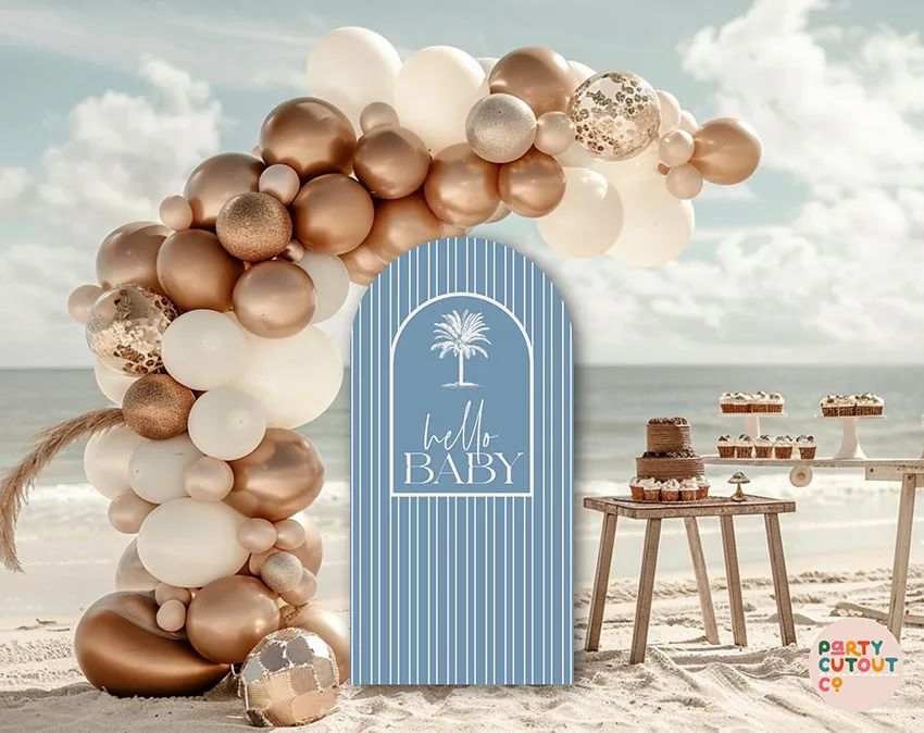 Mehofond 사용자 정의 양면 해변 서핑 팜 안녕하세요 베이비 키즈 생일 파티 베이비 샤워 커버 Chiara 아치 배경 장식 배경