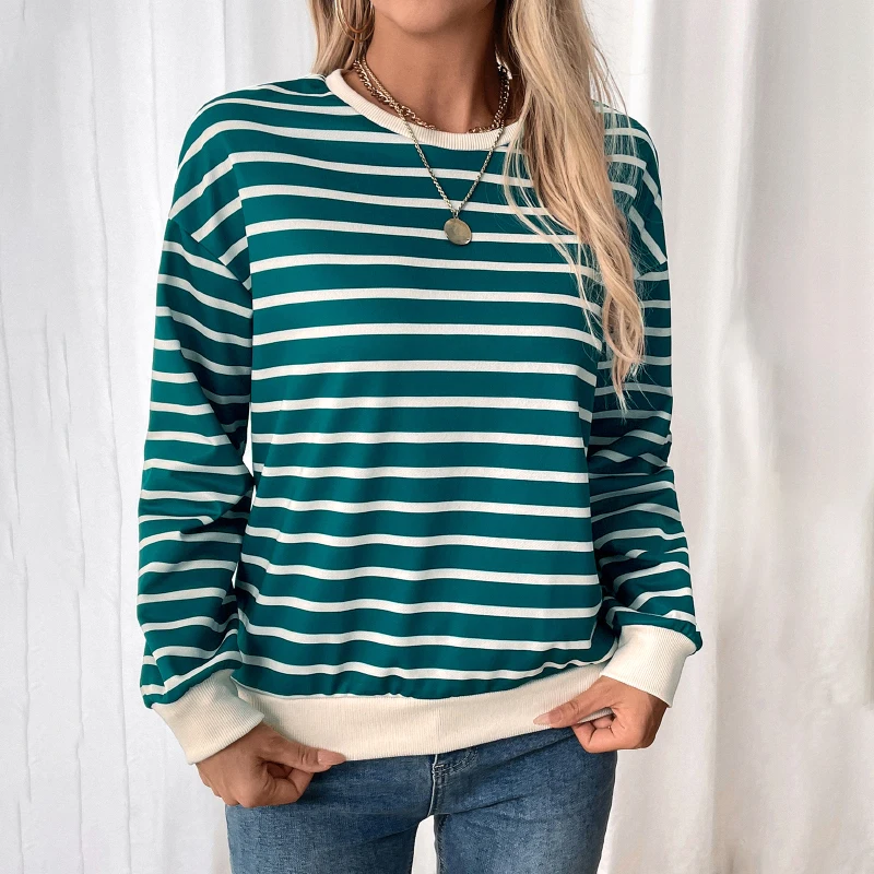

Women's Green White Striped Crew Neck Sweatshirt Casual Loose Long Sleeve Contrast Cuff Pullover Top