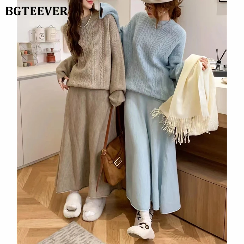 BGTEEVER Elegant Warm Loose Female 2 Pieces Knitted Set O-ncek Long Sleeve Pullovers Sweaters & High Waist A-line Skirts