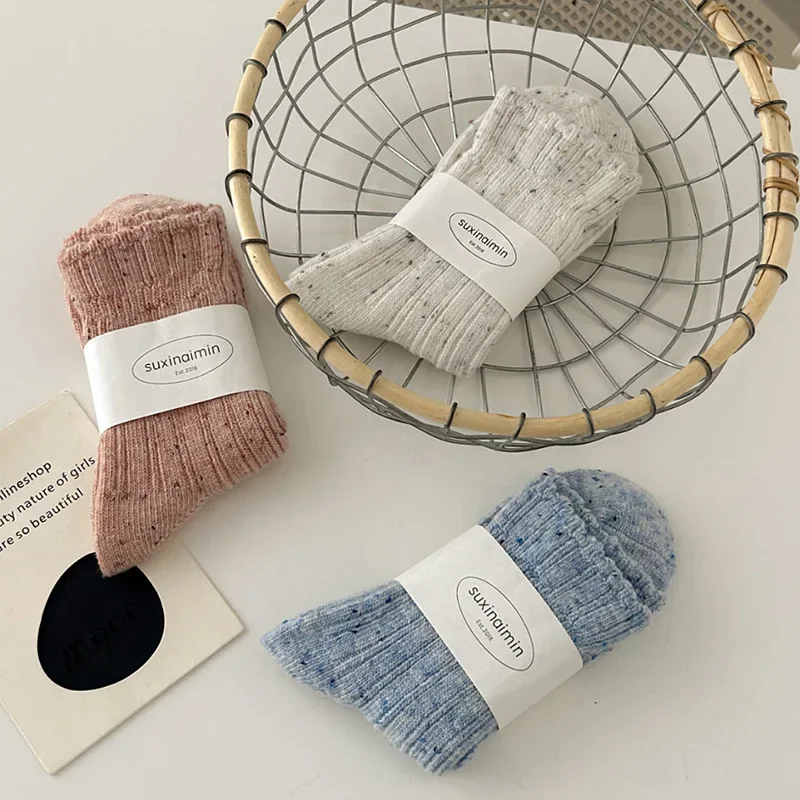 Winter Warm Women Socks Wool Thicken Solid Color Socks Retro Middle Tube Merino Wool Girls Socks Against Cold Snow Terry Sox