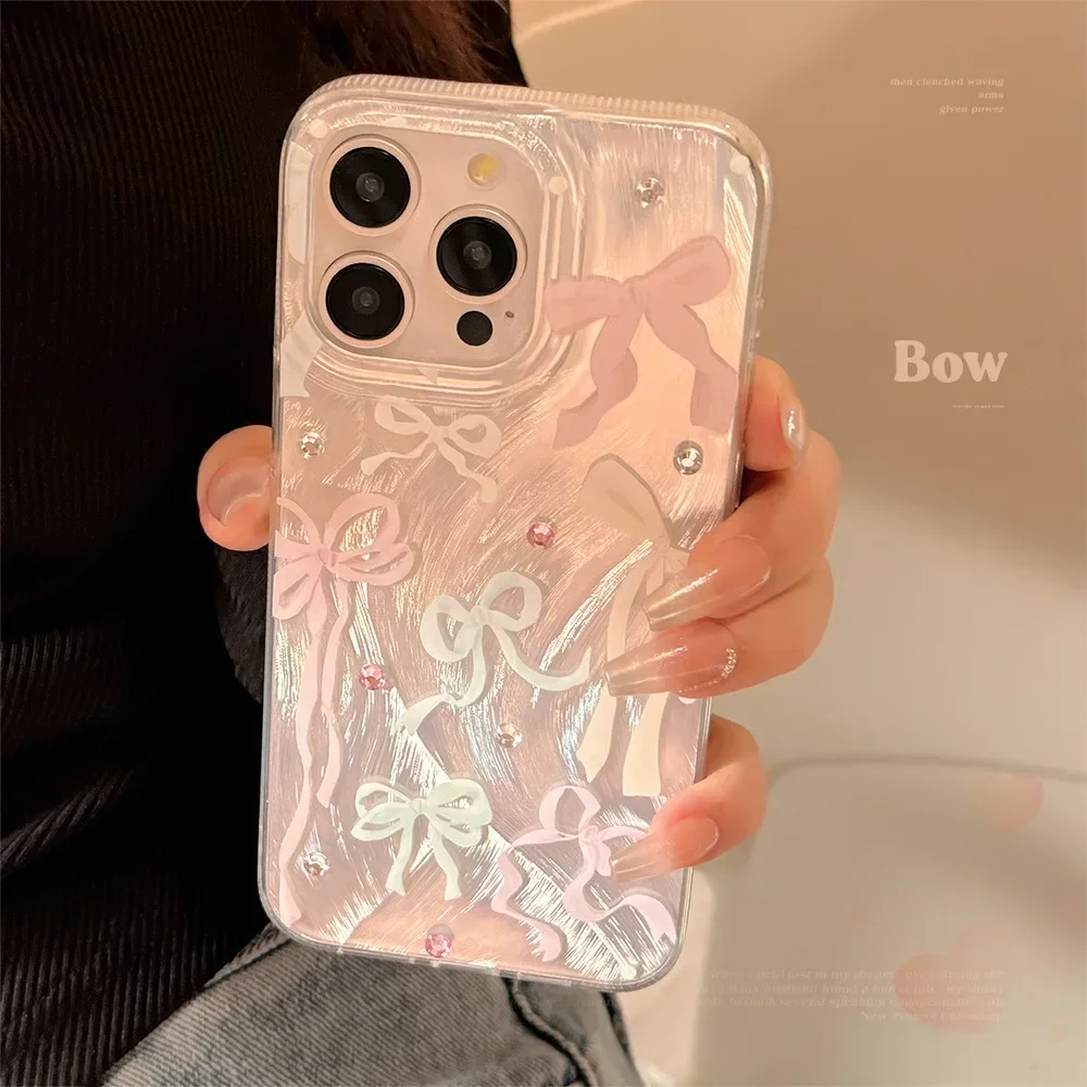 Ins Style Shining Colorful Ribbon Bow Phone Case for IPhone16 15 14 12 13 11 Pro ProMax Plus X XR Shockproof Phone Cover