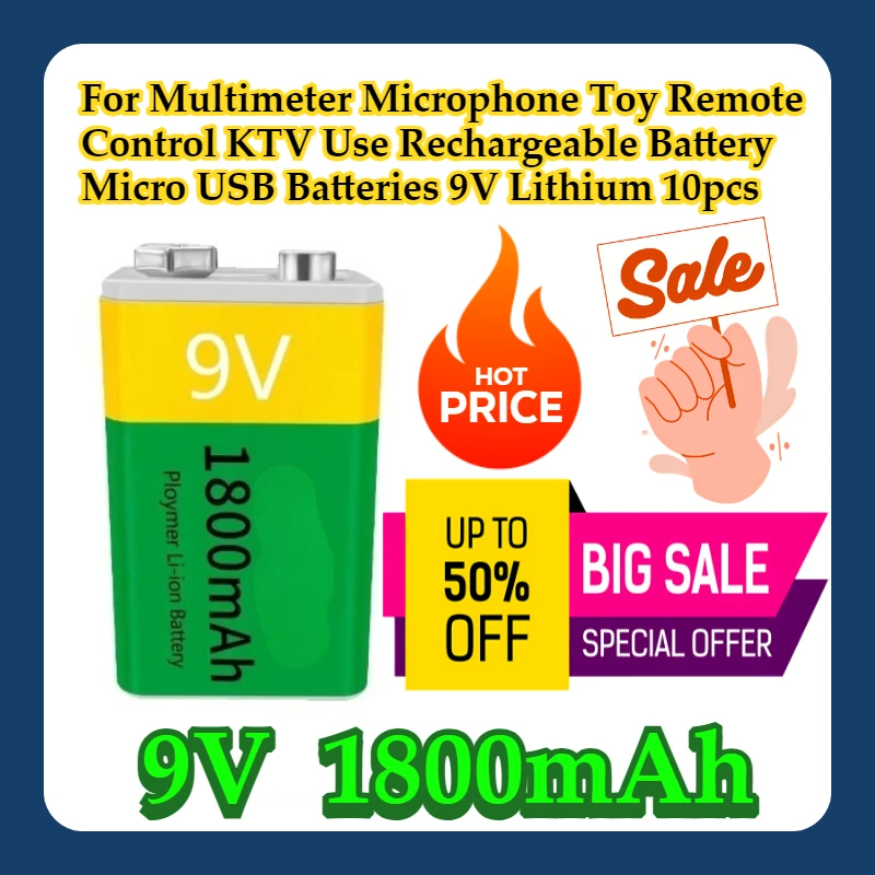 

For Multimeter Microphone Toy Remote Control KTV Use 9V 1800mAh Rechargeable Battery Micro USB Batteries 9 V Lithium 10pcs