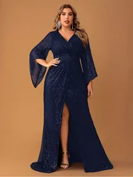 Plus Size Long Sleeve V Neck Dark Green Shiny Floor-length Evening Dress 4XL 5XL Big Size Dance Party Prom Gown Women