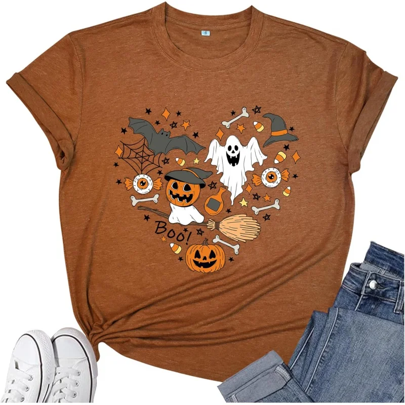 

Women's Halloween shirt, love art pattern printing party T-shirt, round neck short sleeved shirt