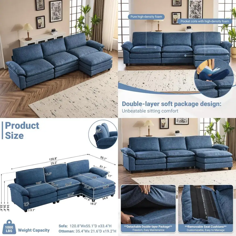 

"modular cloud-inspired couch, comfortable sectional sofa set for living room, modern linen 3-seat convertible loveseat with ott