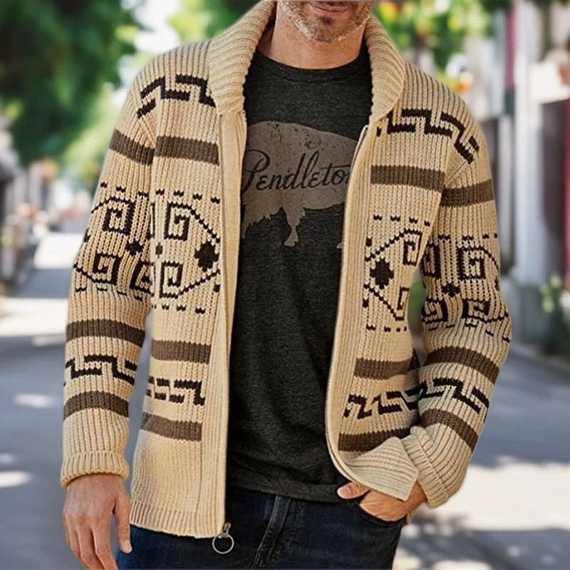 

New autumn and winter men's fashion lapel casual cardigan jacket long sleeved slim fit jacquard knitted sweater Coat top