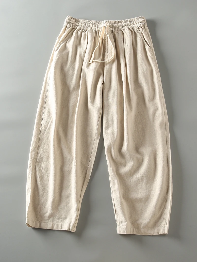 

Summer New Men's Comfortable Breathable Loose Leg Cotton Linen Pure Color Casual Pants Elastic Waist Wide Leg Pants