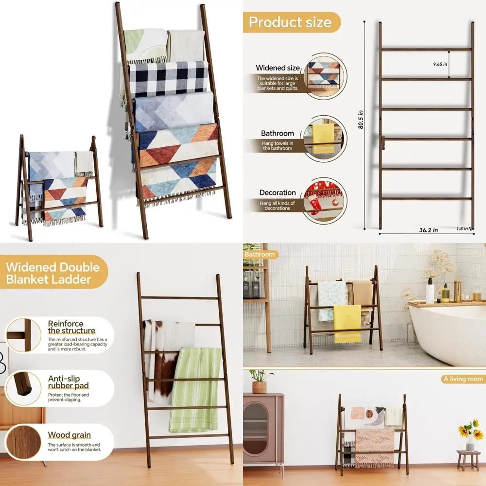 

6-Tier Wide Double Blanket Ladder, Rustic Style Decorative Towel Rack for Large Blankets, Towels, Quilts, and Clothing, Freestan