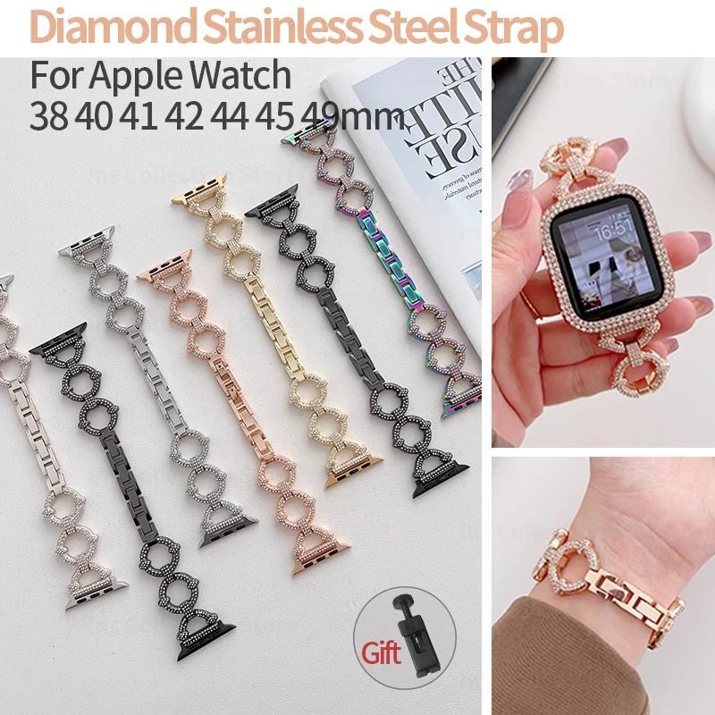 

Women Diamond Strap for Apple Watch 44mm Band 38mm 40mm 42mm 45mm 49 Correa Metal Bracelet for Iwatch Series 7 8 6 5 SE 4 3 Belt