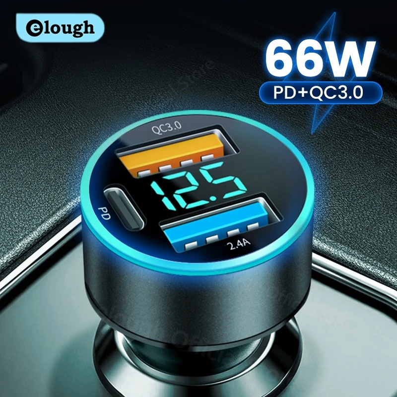 Elough 66W Car Charger USB Type C Fast Charging PD Car Charger Adapter For 14 Pro Max Xiaomi Samsung QC3.0 Phone Charger USB C