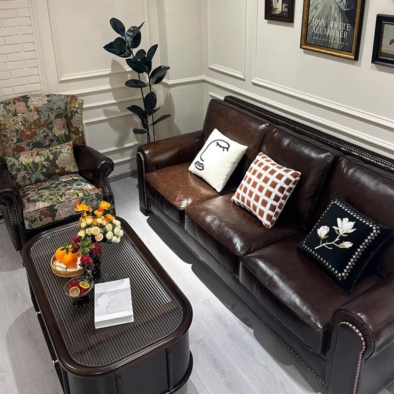 

American country leather sofa oil wax retro living room combination first layer cowhide two or three people straight row