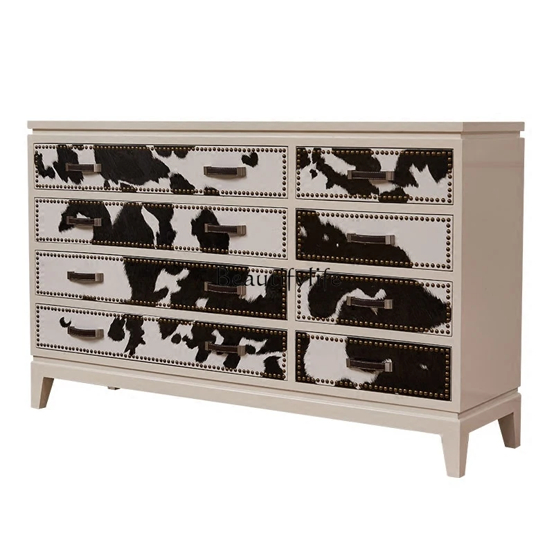 

*Modern minimalist beige vintage painted bedroom multi-drawer storage oak storage TV cabinet