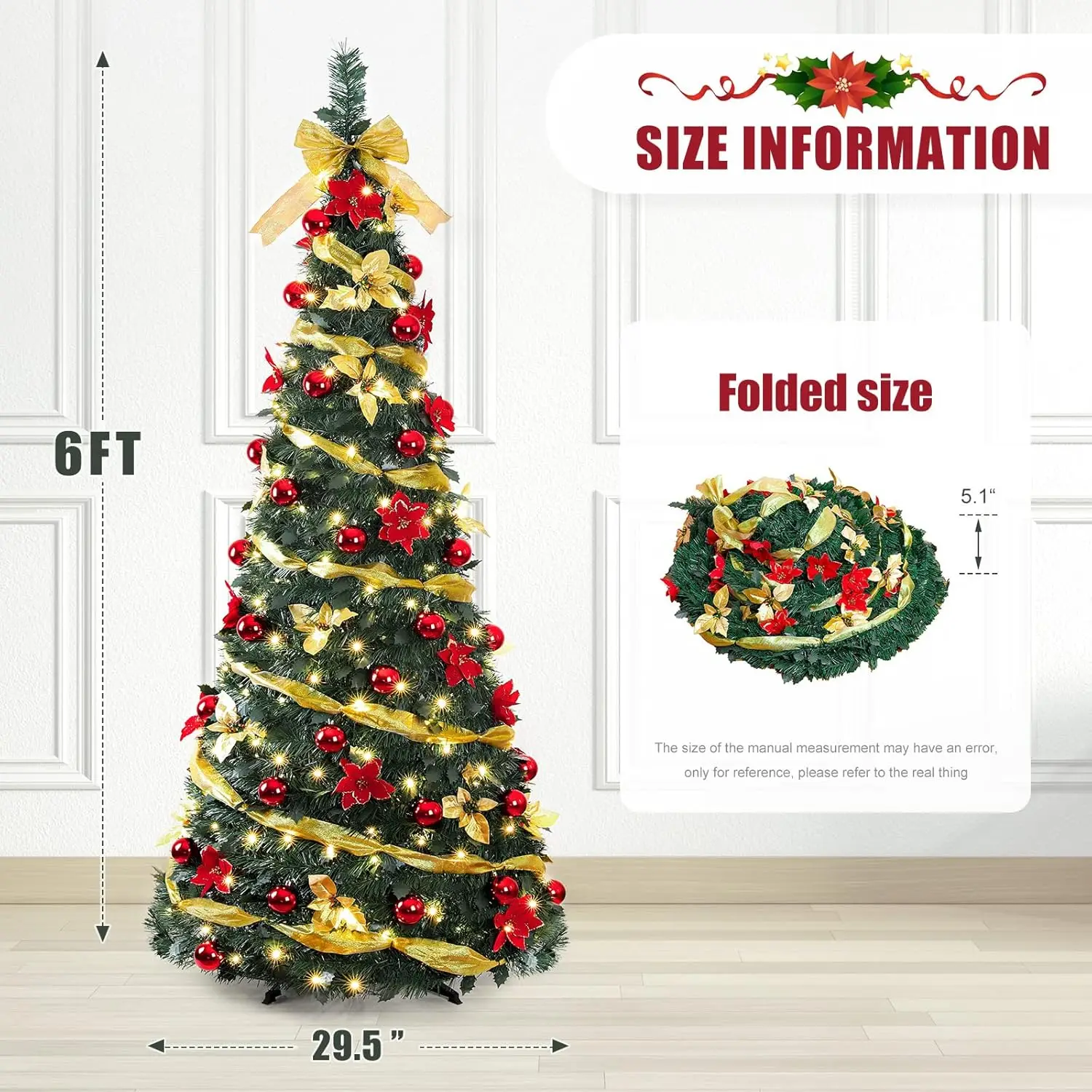 Christmas Tree with Remote Control, with Warm White & Colorful LED Lights,Holiday Party Decorations,Red Gold