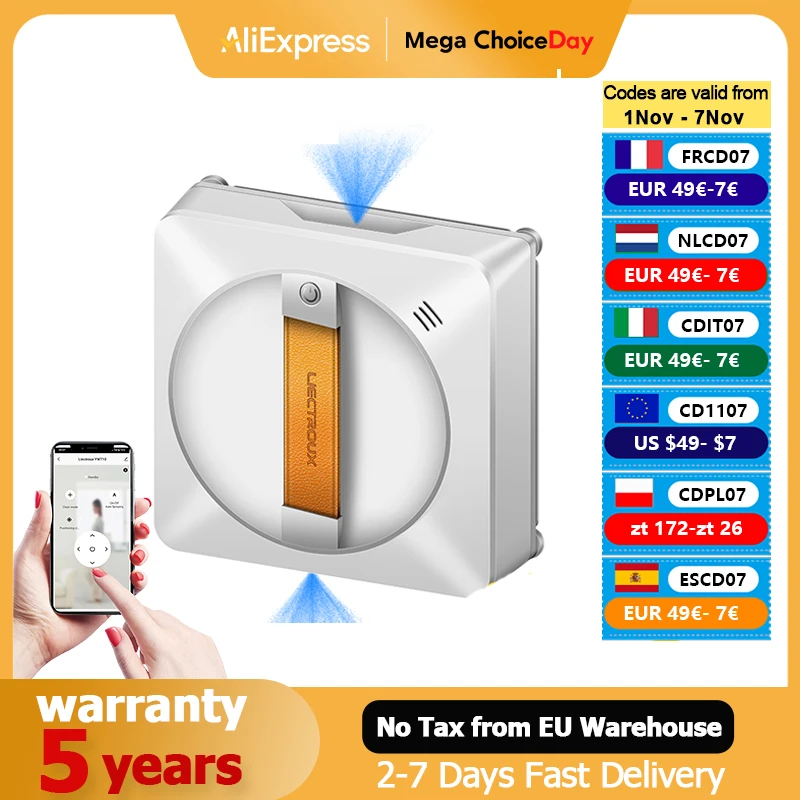 Liectroux YW710 Robô de limpeza de janelas , Robot Window Cleaner,Double Pulvérisation d'Eau, Mémoire Intelligente, Aspiration Puissante, Capteur Laser, Robot de Nettoyage de Vitres Murales à Domicile