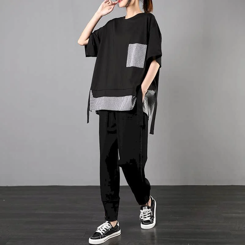 Patchwork Hosen Sets Plaid Vintage Oansatz T-Shirts und Casual Harem Hosen Übergroßen Koreanische Mode Zwei Stück Sets Frauen Outfits