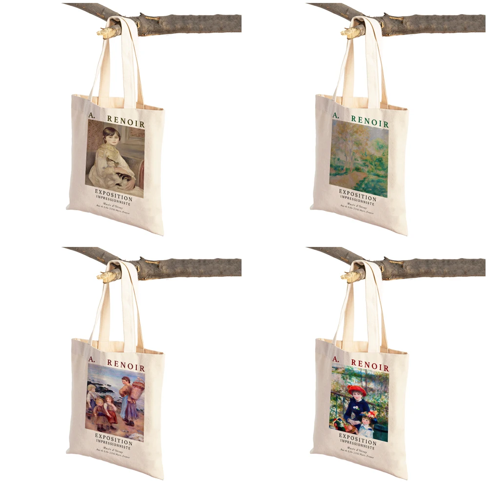 Cartoon Impressionist Auguste Renoir Figurative Handbag Foldable Cloth Shopper Bag Harajuku Style Canvas Tote Lady Shopping Bags