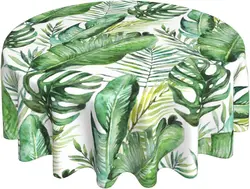 Tropical Palm Leaf Tablecloth Round 60 Inch Watercolor Summer Palm Frond Tablecloth Waterproof Green Banana Leaf Table Cloth
