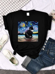 Womens T Shirts Beautiful Starry Cats Printing T-Shirts For Woman Casual Korean Style Women Tshirt Vintage Crewneck Tee Shirts