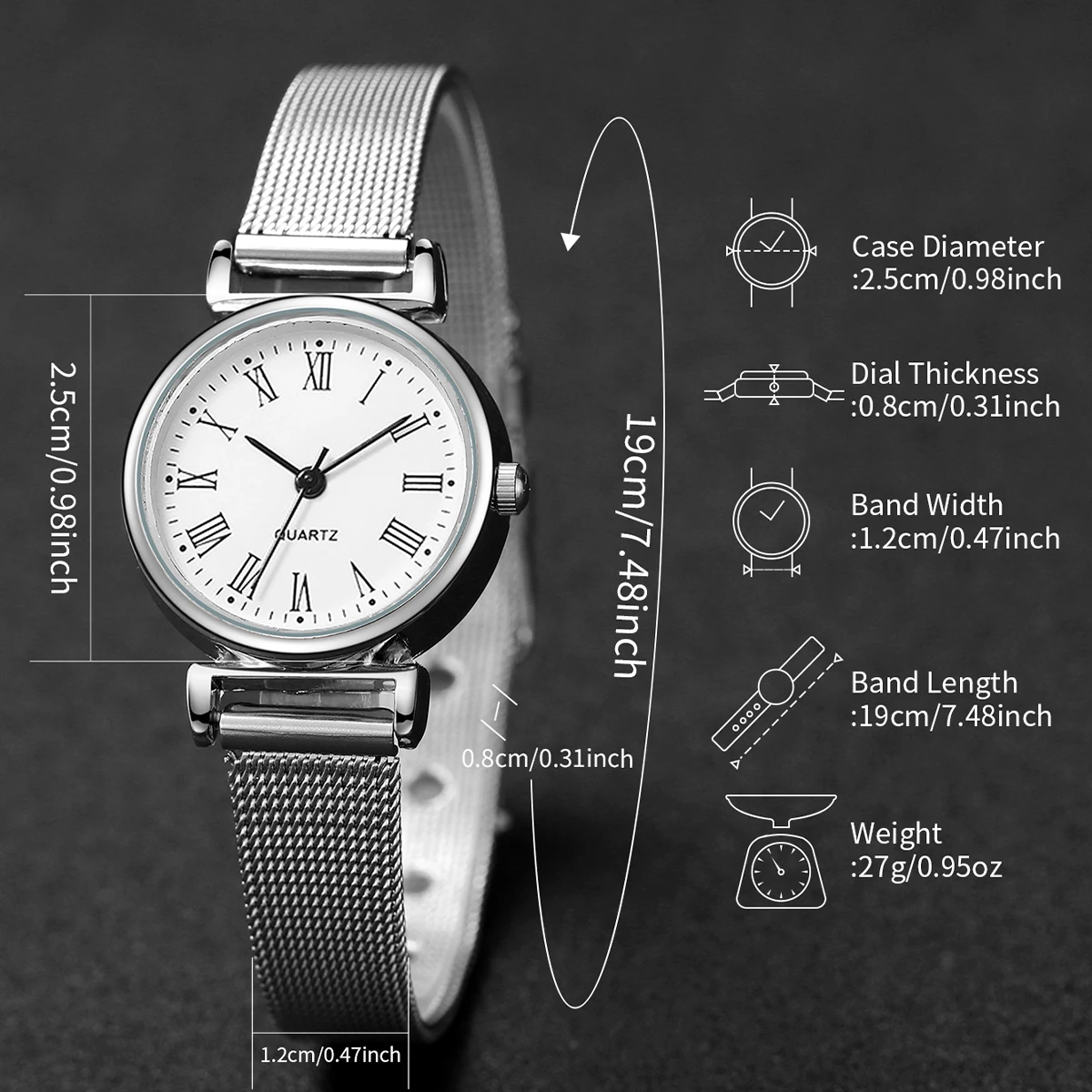 4PCS/Set Fashion Women Watches Roma Dial Ladies Quartz Watch Silver Mesh Band Wristwatches Bracelets（Box Not Included ）