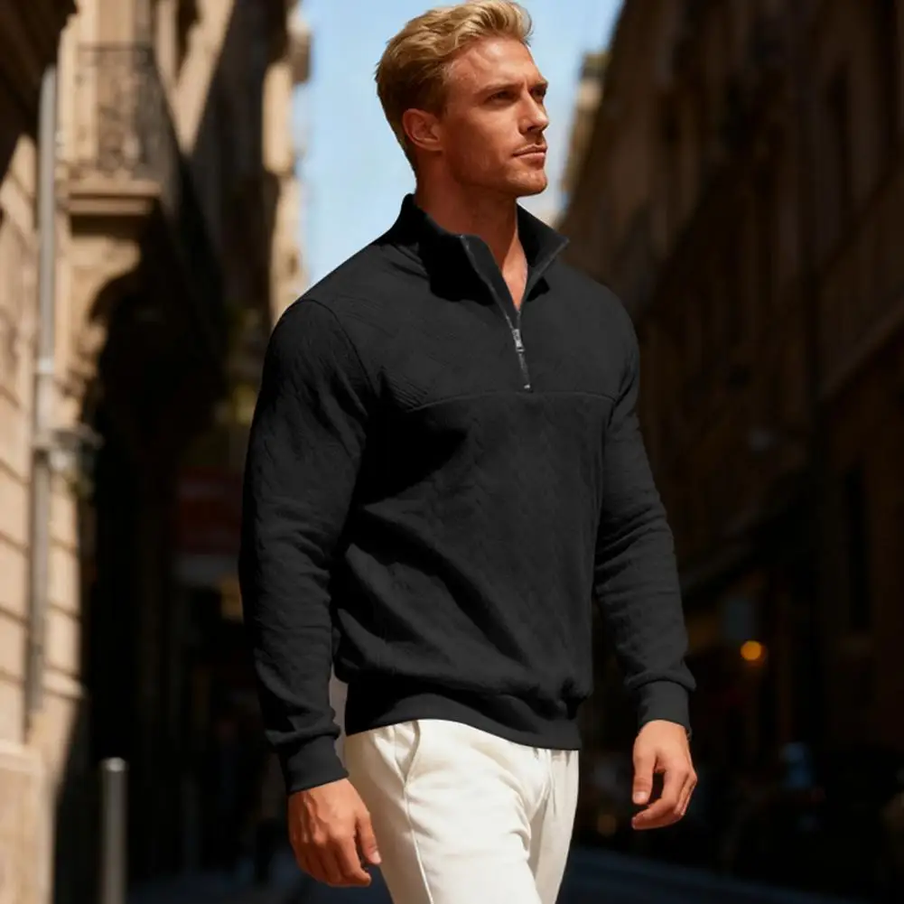Warm Men Sweatshirt Men's Stand Collar Sweatshirt with Zipper Half Placket Long Sleeve Pullover Tops Solid Color Jacquard Sport