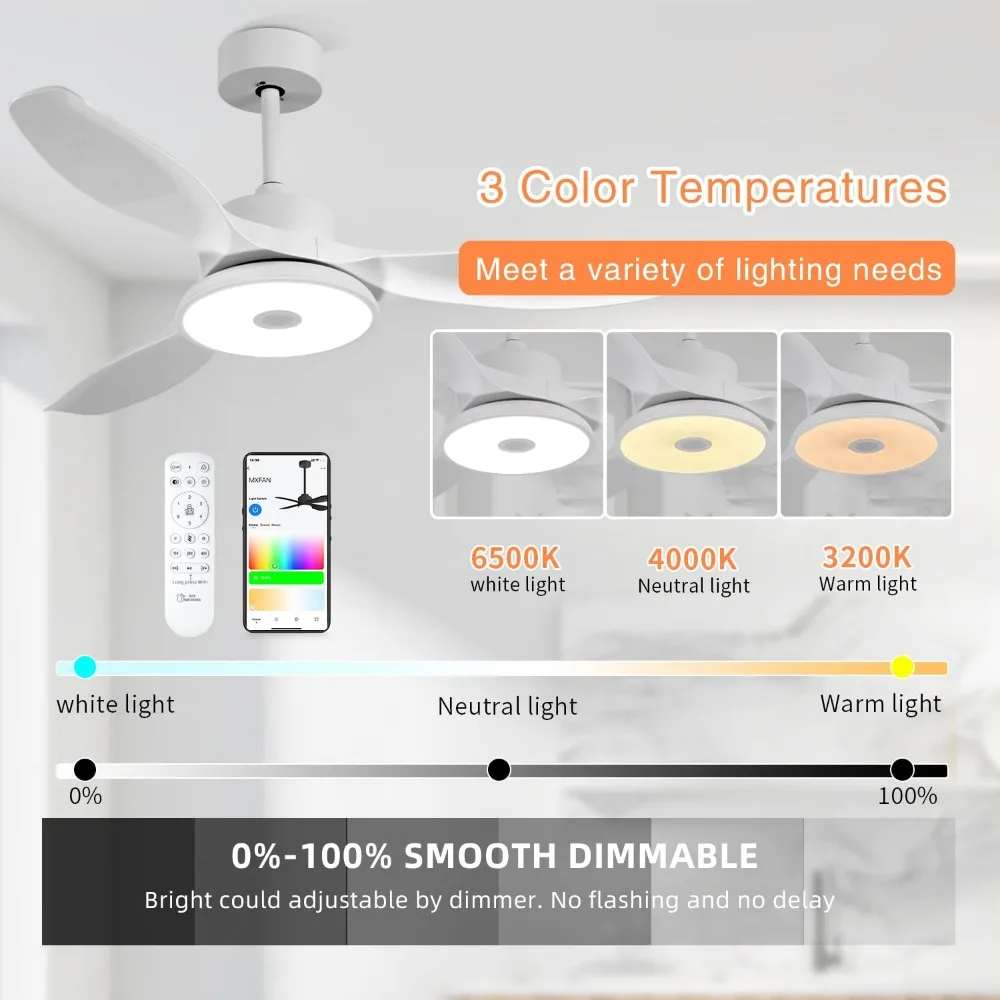 Smart Ceiling Fans with Lights, 6 Speed Reversible Noiseless Motor, LED-RGB Light, Modern Ceiling Fan for Bedroom 48 inch